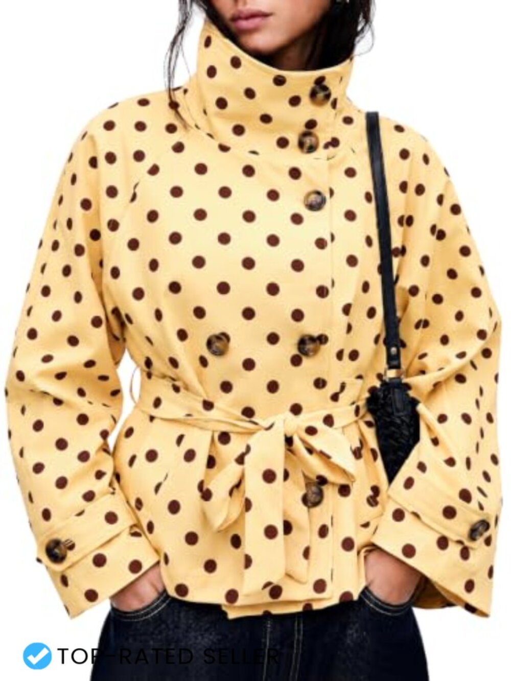 Womens Cropped Trench Coat Polka Dot Belted Lightweight Casual Jacket